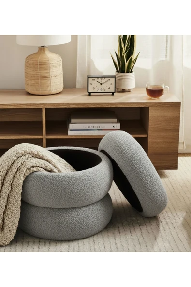 Elissa Home Bukle Puf Sandıklı , Boum Puf , Makyaj Pufu , Saklama Alanlı , Açık Gri Renk 40 x 45 ürün görseli 1