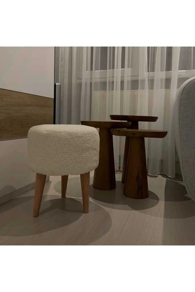Elissa Home Peluş Puf Ahşap Ayak-beyaz 38 x 45 ürün görseli 1