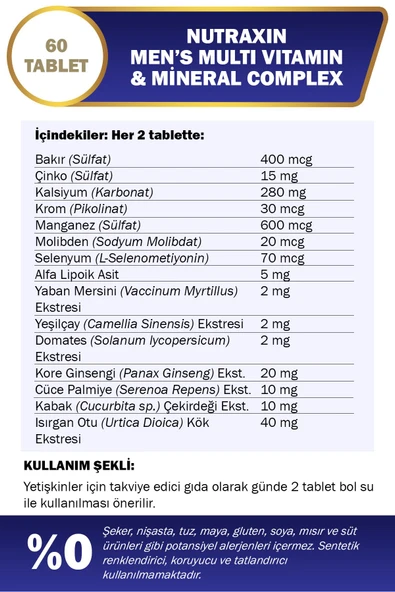 Nutraxin Men's Multi Vitamin Complex 60 Tablet - Resim 4