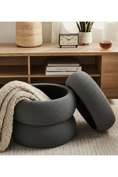 Elissa Home Bukle Puf Sandıklı , Boum Puf , Makyaj Pufu , Saklama Alanlı , Gri Renk 40 x 45 ürün görseli 1