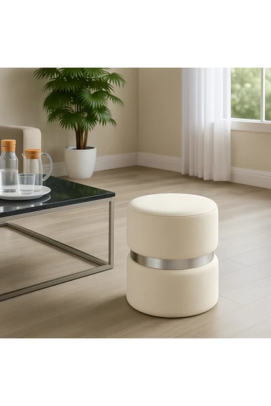Elissa Home Luxery Puf - Krem Spor Dikişli GÜMÜŞ Detaylı Silinebilir Kadife Kumaş Modern Lüx Puf - Makyaj Pufu 38 x 43 ürün görseli 1