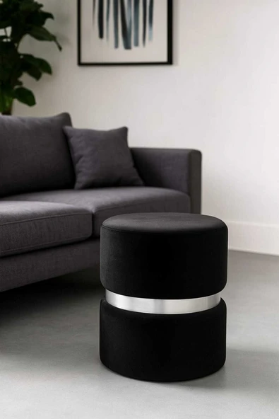 Elissa Home Luxery Puf - Siyah Spor Dikişli GÜMÜŞ Detaylı Silinebilir Kadife Kumaş Modern Lüx Puf-makyaj Pufu 38 x 43 ürün görseli 1