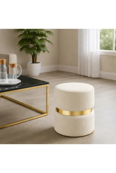 Elissa Home Luxery Puf - Krem Spor Dikişli GOLD Detaylı Silinebilir Kadife Kumaş Modern Lüx Puf - Makyaj Pufu 38 x 43 ürün görseli 1