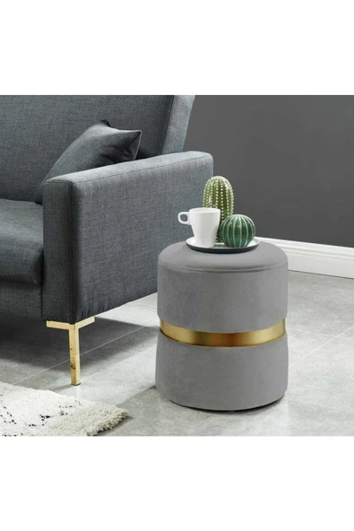 Elissa Home Prada Puf- Gri - Spor Dikişli Gold Detaylı Silinebilir Kadife Kumaş Modern Lüx Puf-bench-makyaj Pufu 38 x 43 ürün görseli 1