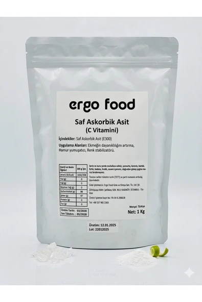 ergo food Saf Askorbik Asit Tozu 1 Kg – Vitamin C | Antioksidan E300 | Profesyonel Kullanım ürün görseli 1