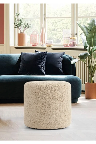 Elissa Home Lisa Puf Krem Tedy Kumaş Silindir Dekoratif Pufidik Puf Bench 42 x 42 ürün görseli 1
