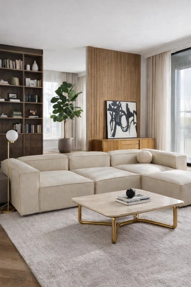 Elissa Home Soft 4 Modül Pofidik Modüler Kanepe L Köşe Koltuk Takımı , Keten , Kırık Beyaz 295 x 190 cm 295 x 190 ürün görseli 1