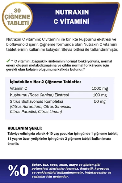 Nutraxin Vitamin C 500 mg 30 Çiğneme Tablet - Resim 2
