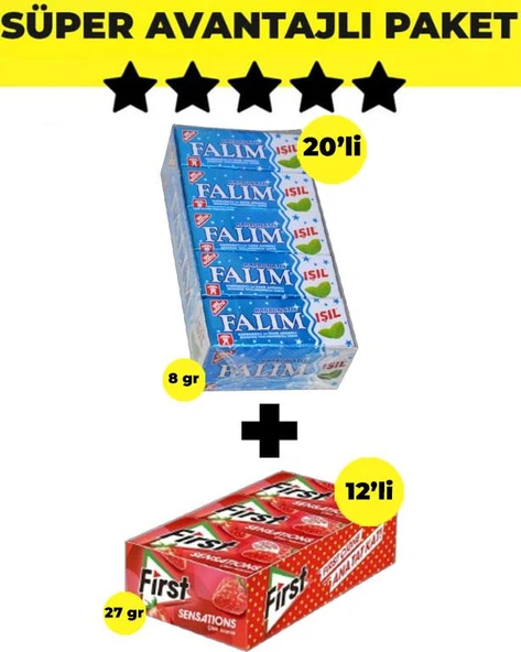 Falım Işıl Karbonatlı & Nane Aromalı Sakız (5'li x 20 Adet)- First Sensations Çilek Aromalı Sakız (27gr x 12 Adet) ürün görseli 1