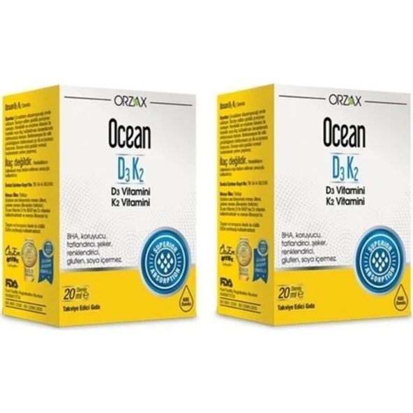 Orzax Ocean D3K2 Damla 20 ml 2 Adet Türkiye Menşeli D3 Vitamin & K2 Vitamin İçeren Yetişkinler İçin ürün görseli 1