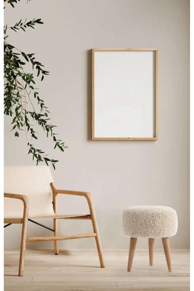 Elissa Home Peluş Puf Ahşap Ayak - Krem 38 x 45 ürün görseli 1