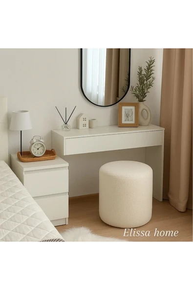 Elissa Home Makyaj Pufu Teddy Kumaş Kırık Beyaz Ayak Uzatma Pufu Tabure Bench 45 x 40 ürün görseli 1