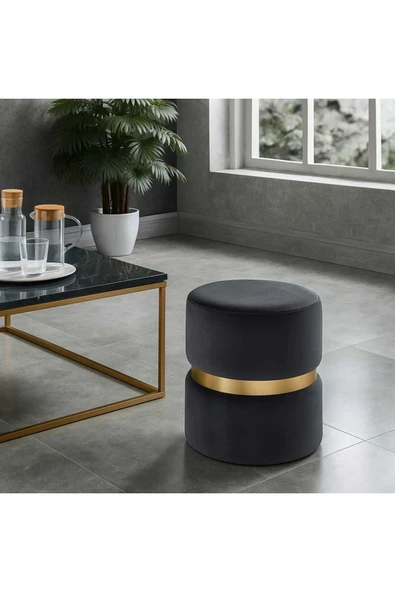 Elissa Home Luxery Puf - ANTRASİT Spor Dikişli GOLD Detaylı Silinebilir Kadife Kumaş Modern Lüx Puf-makyaj Pufu 38 x 43 ürün görseli 1