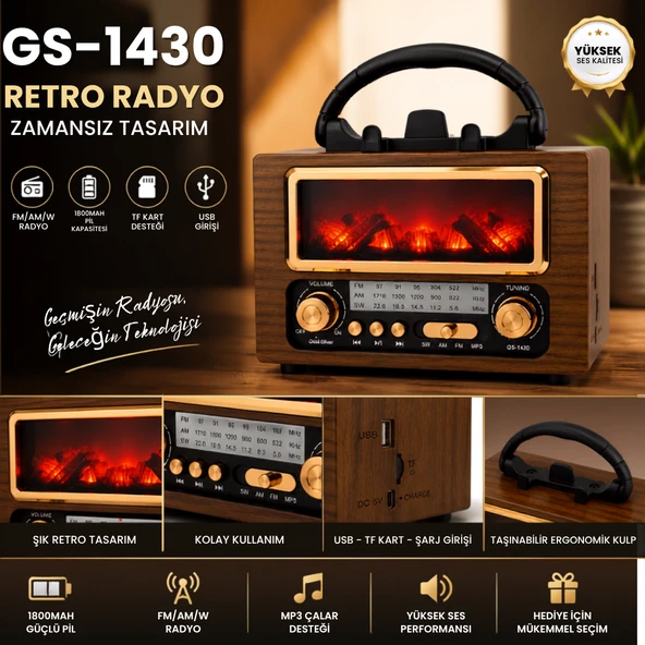 Gold Silver GS-1430 Şömine Görsel Efektli Retro Radyo Geçmişin Radyosu, Geleceğin Teknolojisi ürün görseli 1