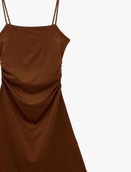 Drape Detaylı İnce Askılı Mini Bodycon Elbise - Resim 3