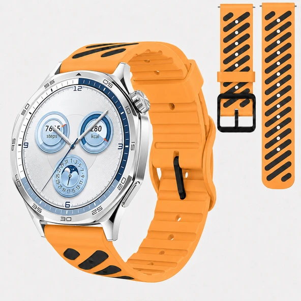 Huawei Watch GT 5 46 mm Uyumlu Çift Renkli Delikli Silikon Spor Kordon  Turuncu ürün görseli 1