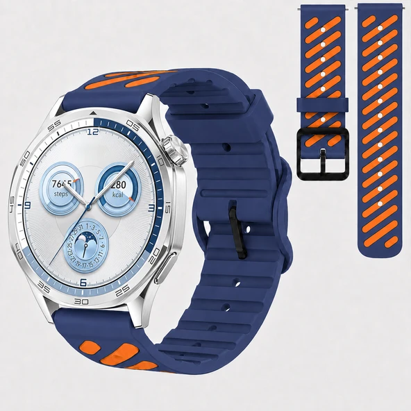 Huawei Watch GT 5 46 mm Uyumlu Çift Renkli Delikli Silikon Spor Kordon  Lacivert ürün görseli 1