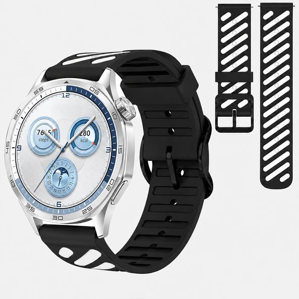 Huawei Watch GT 5 46 mm Uyumlu Çift Renkli Delikli Silikon Spor Kordon  Beyaz ürün görseli 1