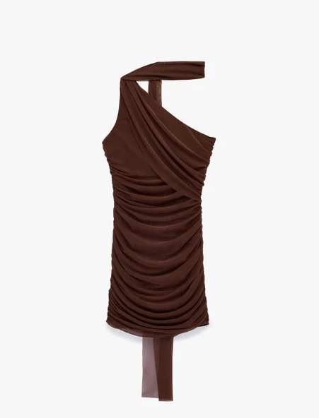 Slim Fit Drapeli Tek Omuz Mini Bodycon Elbise - Resim 3