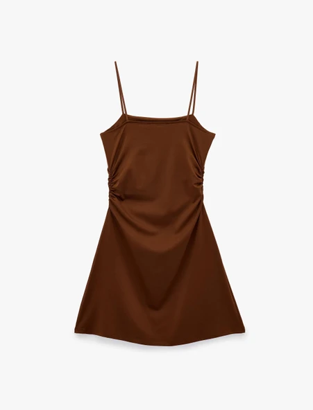 Drape Detaylı İnce Askılı Mini Bodycon Elbise - Resim 2