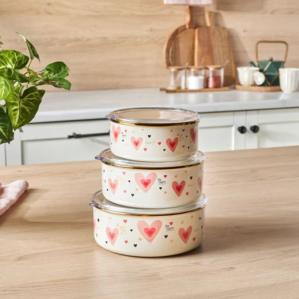 Karaca Pink Love Emaye 3'lü Saklama Kabı Seti ürün görseli 1
