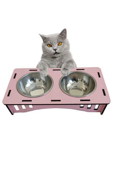 Kubbehan Ahşap Kedi Mamalık Ve Su Kabı Pembe Çelik Tas Mamalık ürün görseli 1
