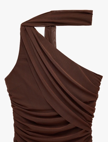 Slim Fit Drapeli Tek Omuz Mini Bodycon Elbise - Resim 5