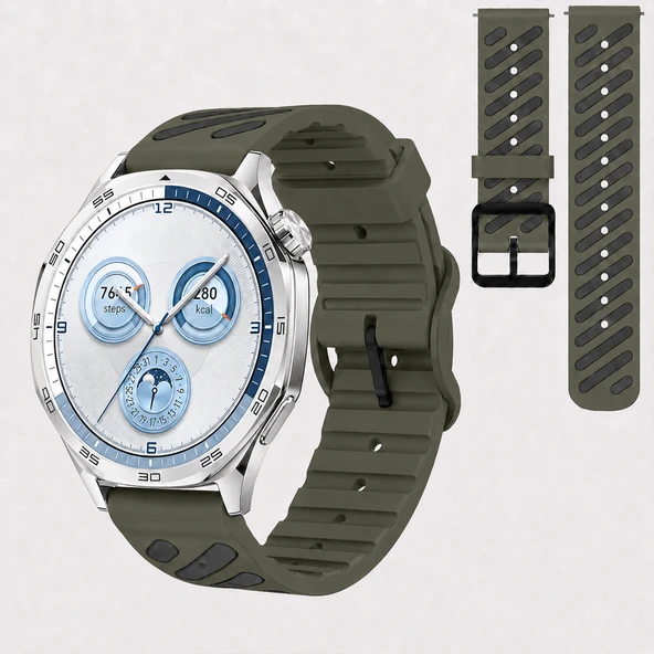 Huawei Watch GT 5 46 mm Uyumlu Çift Renkli Delikli Silikon Spor Kordon  Haki ürün görseli 1