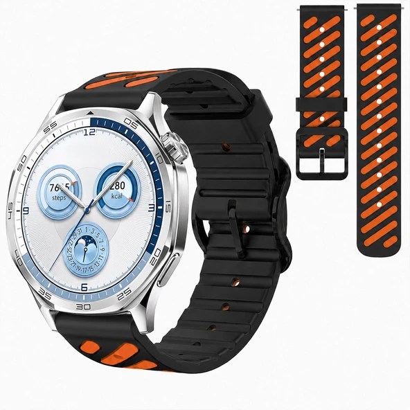 Huawei Watch GT 5 46 mm Uyumlu Çift Renkli Delikli Silikon Spor Kordon  Siyah ürün görseli 1