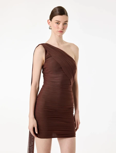 Slim Fit Drapeli Tek Omuz Mini Bodycon Elbise ürün görseli 1