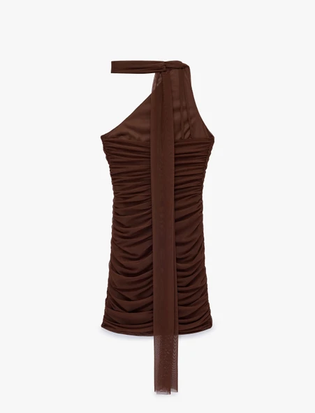 Slim Fit Drapeli Tek Omuz Mini Bodycon Elbise - Resim 4