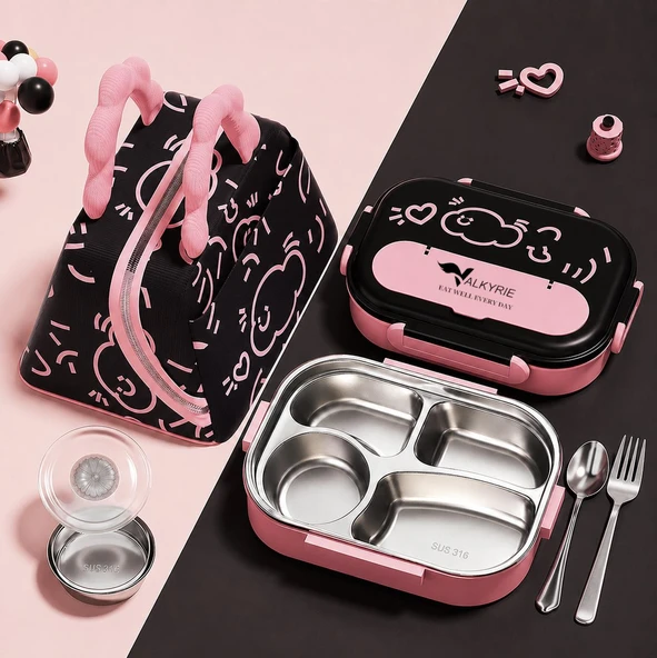 Valkyrie 316 Paslanmaz Çelik Lunch Box Termal Taşıma Çantalı 4 Bölmeli Sızdırmaz Beslenme Kabı BPA İçermez Çatal Kaşık Hediyeli Pembe ürün görseli 1