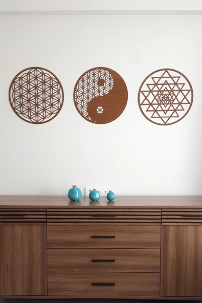 Kubbehan Yaşam Çiçeği Sri Yantra Ve Yin Yang 3'lü Set Kahverengi Duvar Tablosu ürün görseli 1