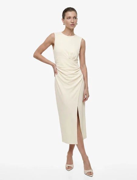 Slim Fit Kolsuz Bisiklet Yaka Drapeli Midi Abiye Elbise ürün görseli 1