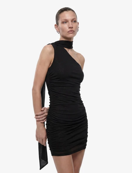 Tek Omuz Tül Detaylı Slim Fit Bodycon Mini Abiye Elbise ürün görseli 1
