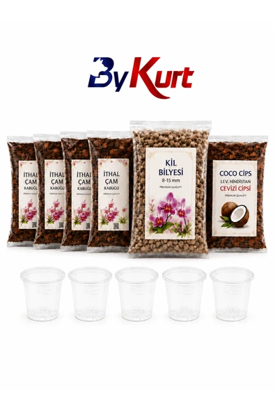Orkide Toprağı Saksı Değişim Seti Premium - 4 Adet İthal Çam Kabuğu + Coco Cips + Kil Bilyesi + 5 Adet Şeffaf Orkide Saksısı Bakım Seti ürün görseli 1