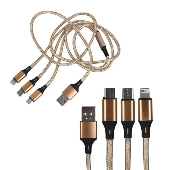 PowerMaster PM-2368 Micro USB - Type-C - Lightning Şarj Ve Data Kablosu 2.1 Amper 110Cm Örgülü ürün görseli 1