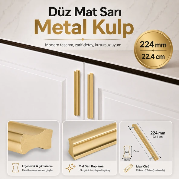 Düz Mat Sarı Metal Çekmece Kulp 224 mm 22.4 cm Dolap Mobilya Kulpu Kulbu 1 Adet Mobilya Aksesuarı ürün görseli 1