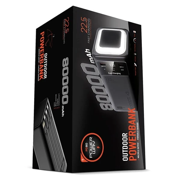 Powerway PD80 80.000mAh 22.5W PD & QC 3.0 Hızlı Şarj Destekli Dijital Göstergeli Powerbank ürün görseli 1