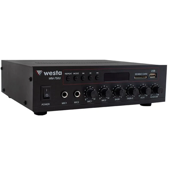 Westa WM-750U 80 Watt 100V-70V Mini 4-16 Ohm USB-SD-Bluetooth 2 Mikrofon Girişli Trafolu Anfi ürün görseli 1
