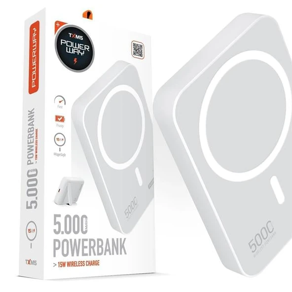 Powerway 5.000mAh PD15W Magsafe Kablosuz Wireless Taşınabilir Şarj Cihazı Beyaz Powerbank TXM5 ürün görseli 1