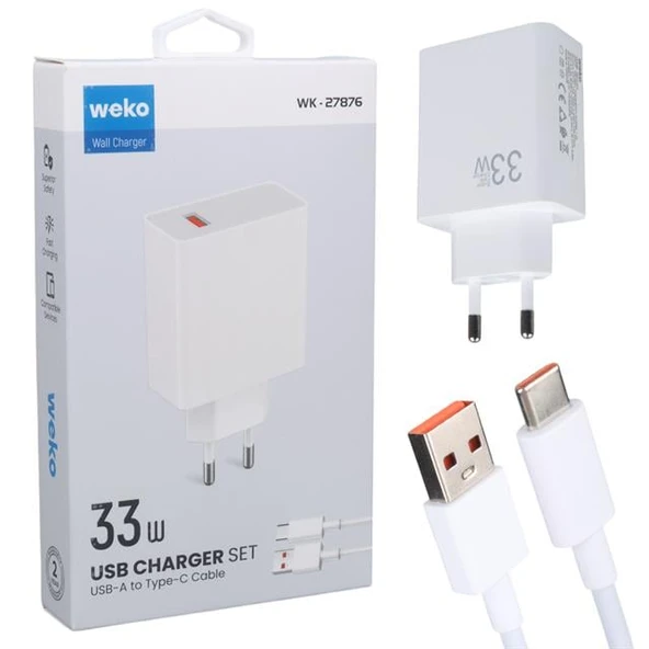 Weko WK-27876 M11 Beyaz 33 Watt Turbo Usb Şarj Başlık Adaptörü + Type-C Kablo ürün görseli 1