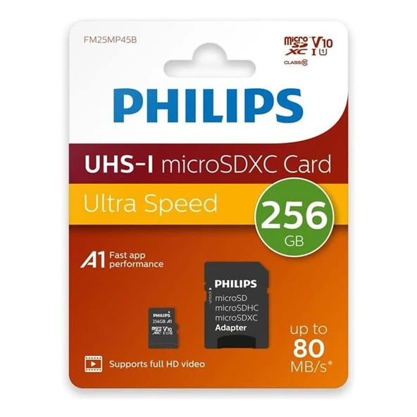 Philips FM25MP45B/00 256GB Class10 UHS-I U1 TF Adaptörlü Micro SDXC Hafıza Kartı ürün görseli 1
