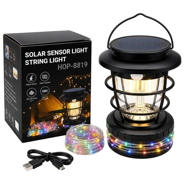 Powermaster HOP-8819 Solar Güneş Panelli Sensörlü Kamp Lambası (Filament + SMD + RGB Şerit) ürün görseli 1