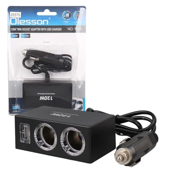 Olesson 1522 12-24V Tek USB Girişli 120W 80cm Kablolu 2'li Araç Çakmak Çoklayıcı ürün görseli 1