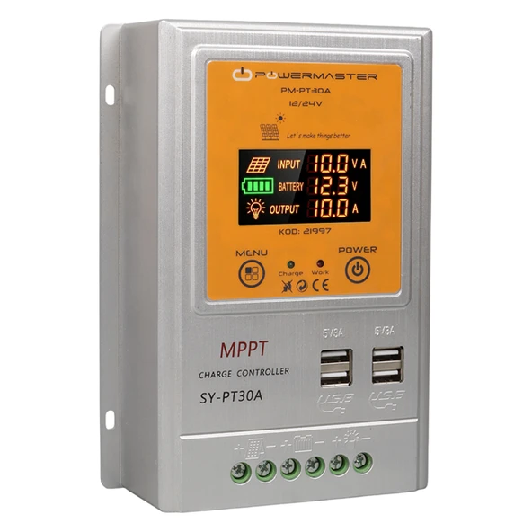 Powermaster PM-PT30A 12V-24V 30 Amper MPPT 4 USB'li Dijital Alüminyum Kasa Solar Şarj Regülatörü ürün görseli 1