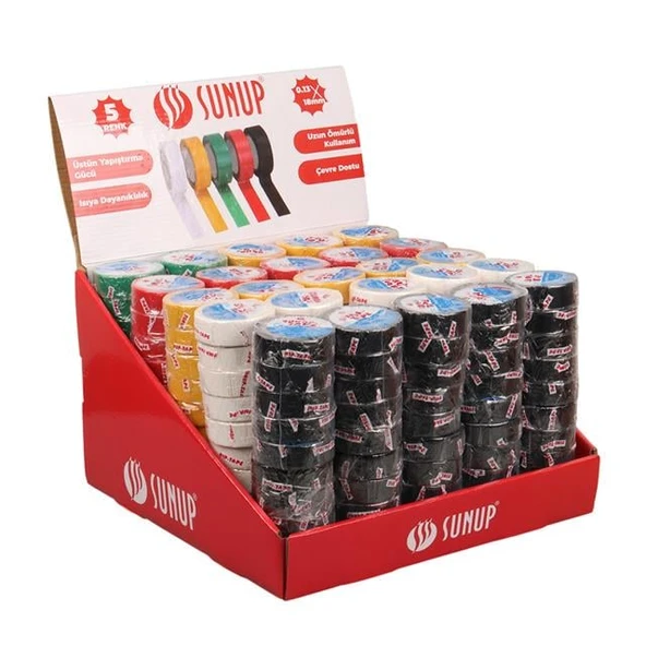 Sunup SN-27919 0.13x18mm 5 Renk İzole Elektrikçi Bant 10 Metre 50x5'li Paket (Kırmızı- Sarı - Siyah - Yeşil - Beyaz) ürün görseli 1