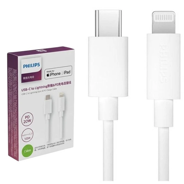Philips SWR1003/93 1 Metre Type-C to Lightning 20W PD Hızlı Şarj ve Veri Kablosu Beyaz ürün görseli 1