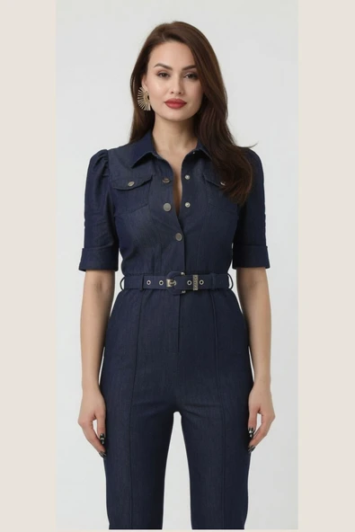 Yazlık Denim Tulum - Kemerli Fermuarlı Çıtçıt Düğmeli Kot Tulum 36-42 Beden 75024 ürün görseli 1
