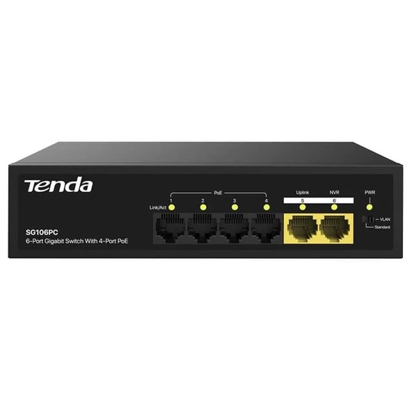 Tenda S106PC 6-Portlu 10/100 Mbps Lite PoE Uplink Switch (4 Port PoE Destekli 55W Toplam Güç) ürün görseli 1